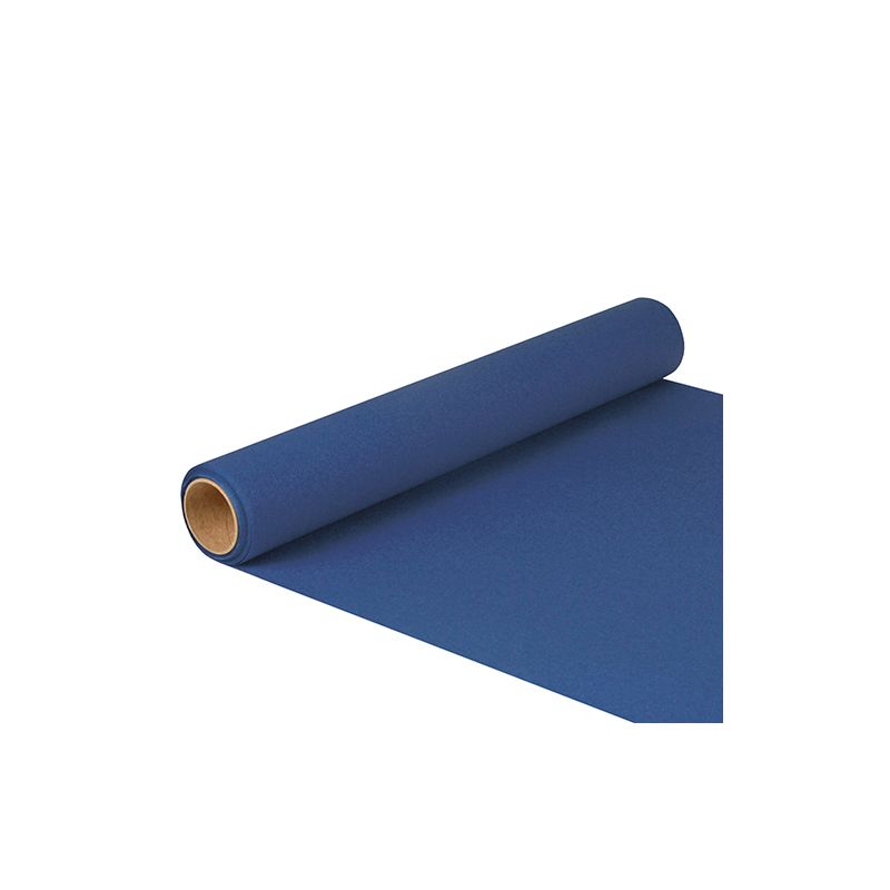 Un rouleau de PAPSTAR chemin de table en papier « ROYAL Collection » en bleu foncé, partiellement déroulé sur un fond blanc, montre sa texture lisse et le cœur en carton cylindrique élégant. Ce produit est certifié FSC® et mesure 5 m x 40 cm, de la société PAPSTAR GmbH.