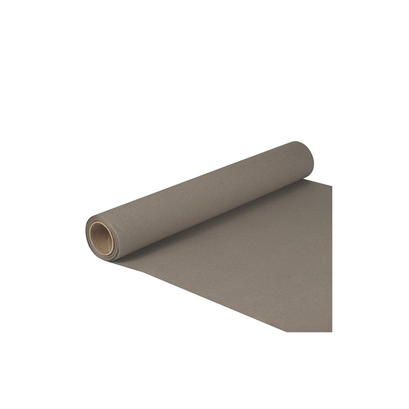 Un rouleau de PAPSTAR chemin de table en papier « ROYAL Collection » aux dimensions 5 m x 40 cm et certifié FSC® est partiellement déroulé et montre la surface lisse. Placé sur un fond blanc, le cœur est visible sur le côté gauche.