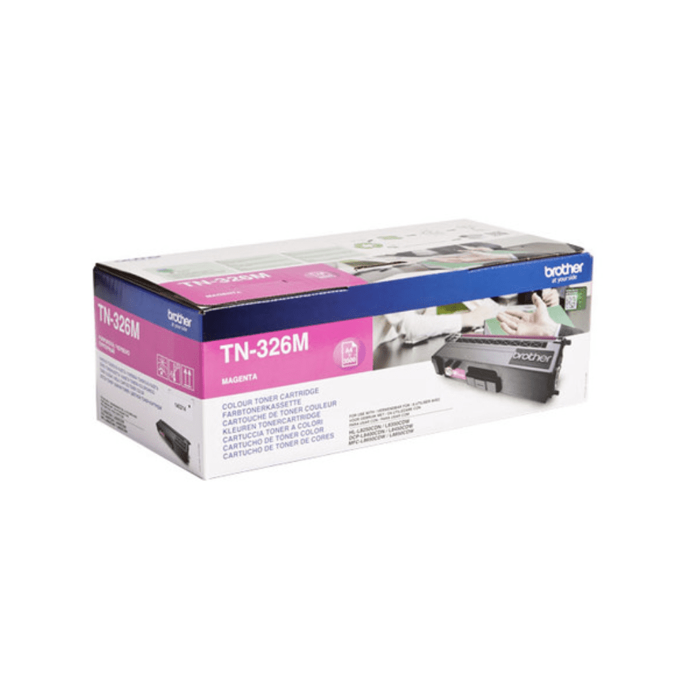 Une boîte de cartouche de toner magenta Brother TN-326M sur fond blanc avec des informations sur le produit et la marque, adaptée aux imprimantes HL-L8250/MFC-L8600.