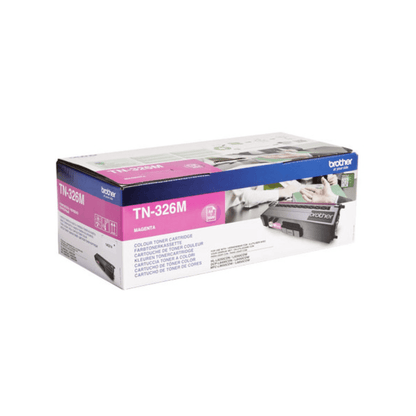 Une boîte de cartouche de toner magenta Brother TN-326M sur fond blanc avec des informations sur le produit et la marque, adaptée aux imprimantes HL-L8250/MFC-L8600.