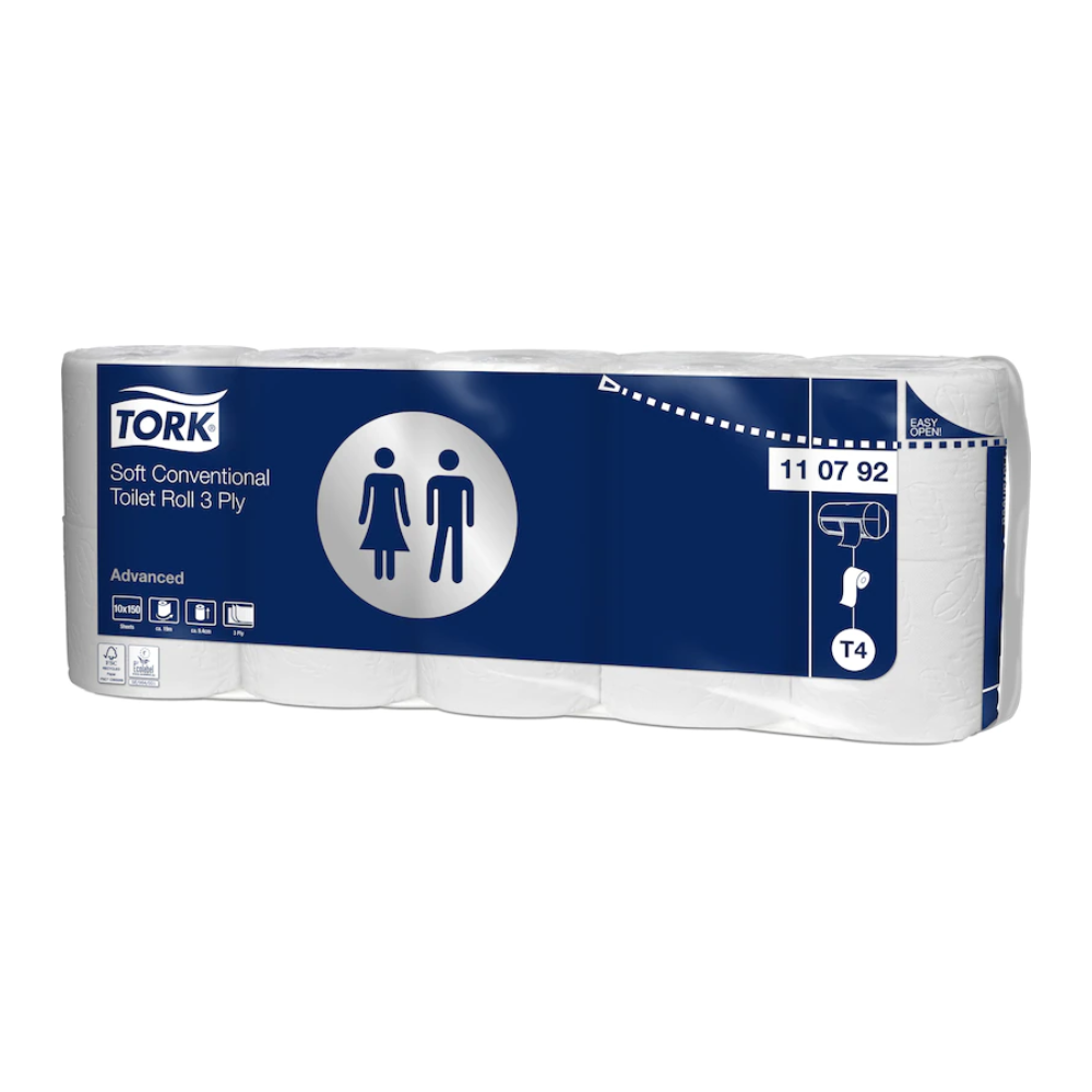 Sur l'image, on peut voir un paquet de papier toilette Tork 110792 doux en petits rouleaux Advanced T4, qui est à 3 couches. L'emballage est en bleu et blanc et est orné de symboles représentant l'hygiène et la durabilité. Le code produit « 11 07 92 » est visible sur l'emballage.