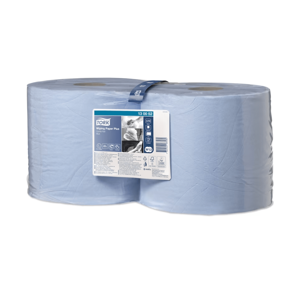 Les essuie-tout multi-usages Tork 130052 Premium W1+W2 2 couches, proposés dans une boîte pratique avec deux rouleaux, se distinguent par une grande capacité d'absorption et une couleur bleu clair attrayante. L'étiquette montre les détails du produit avec une image. Ces essuie-tout en papier sont parfaits pour une utilisation avec les distributeurs Tork ou comme essuie-tout polyvalents pour diverses applications.