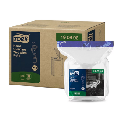 Un carton contenant quatre paquets de recharges de lingettes humides pour les mains Tork 190692 Premium W14 1-couche de la marque TORK - Essity Professional Hygiene Germany GmbH présente un design vert-bleu avec des détails sur le produit. L'emballage de recharge en plastique montre une image en noir et blanc de mains nettoyées et est parfait pour éliminer efficacement l'huile et la saleté.