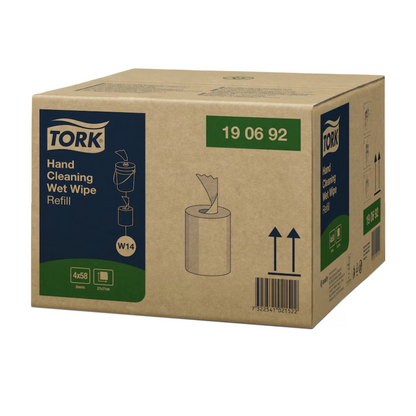 Emballage en carton Tork 190692 recharge de lingettes humides pour les mains Premium W14 1-couche de TORK - Essity Professional Hygiene Germany GmbH | Carton (4 paquets). La boîte montre un dessin au trait simple d'un distributeur de lingettes humides et contient des détails sur le produit comme la taille et la quantité. Idéal pour éliminer l'huile et la saleté, le code-barres et les flèches d'orientation sont clairement visibles.