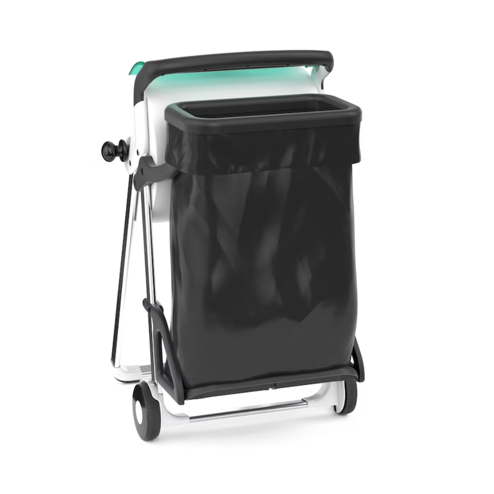 Le support de sac à déchets Tork 206550 pour support de sol de TORK - Essity Professional Hygiene Germany GmbH est un conteneur à déchets portable du système W1. Il contient un sac en plastique noir porté par un cadre blanc équipé de roues et d'une poignée pour la mobilité. Il dispose d'un dessus ouvert rectangulaire avec un accent bleu-vert et a une pédale au bas pour une utilisation confortable.