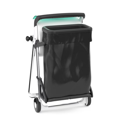 Le support de sac à déchets Tork 206550 pour support de sol de TORK - Essity Professional Hygiene Germany GmbH est un conteneur à déchets portable du système W1. Il contient un sac en plastique noir porté par un cadre blanc équipé de roues et d'une poignée pour la mobilité. Il dispose d'un dessus ouvert rectangulaire avec un accent bleu-vert et a une pédale au bas pour une utilisation confortable.