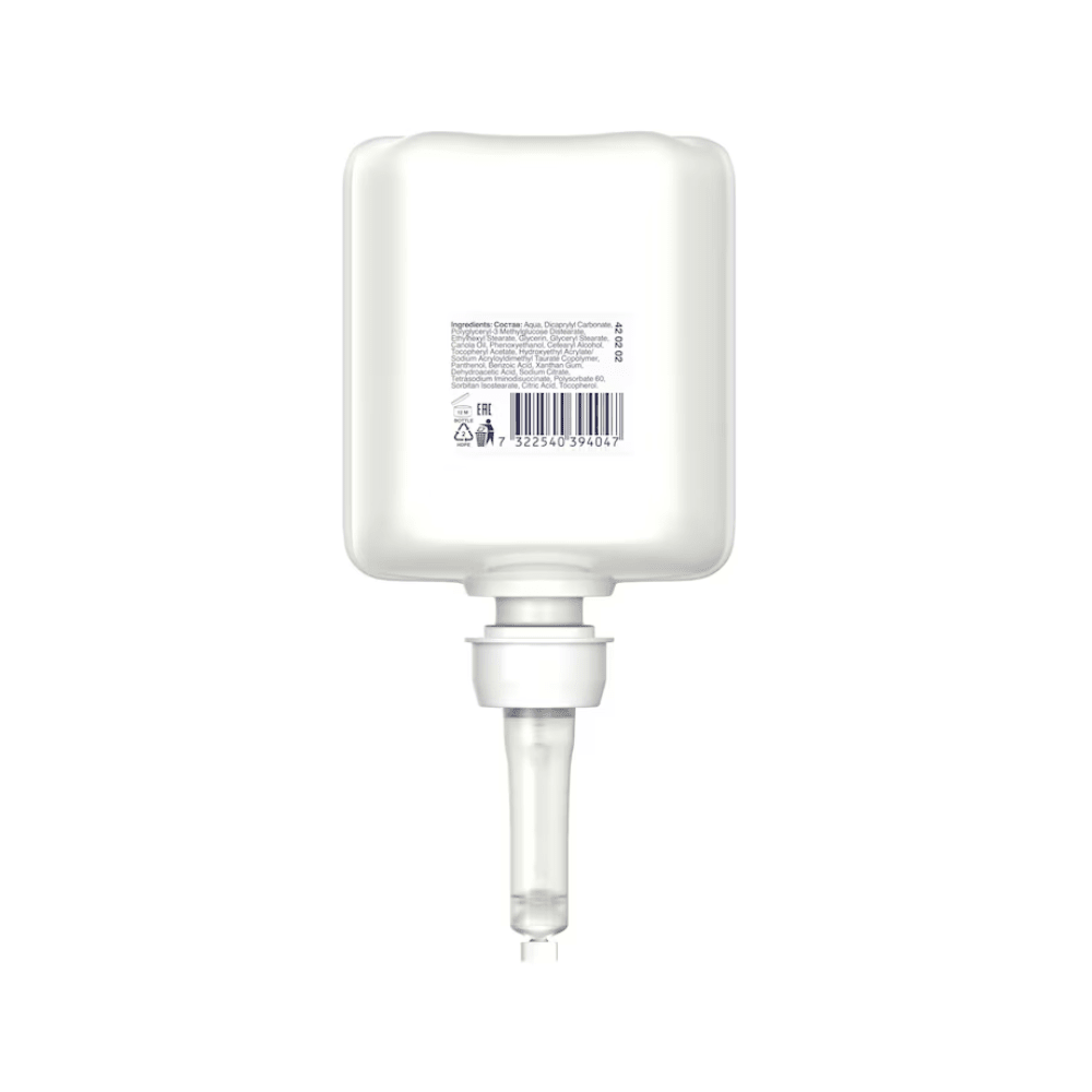 Illustré est un récipient rectangulaire blanc avec une buse inférieure, sur lequel on peut voir du texte et un code-barres. Ce Tork 420202 Désinfection des mains hydratante sensible Premium de TORK - Essity Professional Hygiene Germany GmbH est idéal pour distribuer du gel désinfectant hydratant pour les mains et combat efficacement les agents pathogènes.