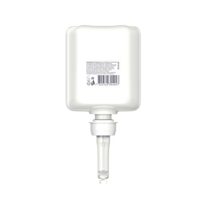Illustré est un récipient rectangulaire blanc avec une buse inférieure, sur lequel on peut voir du texte et un code-barres. Ce Tork 420202 Désinfection des mains hydratante sensible Premium de TORK - Essity Professional Hygiene Germany GmbH est idéal pour distribuer du gel désinfectant hydratant pour les mains et combat efficacement les agents pathogènes.