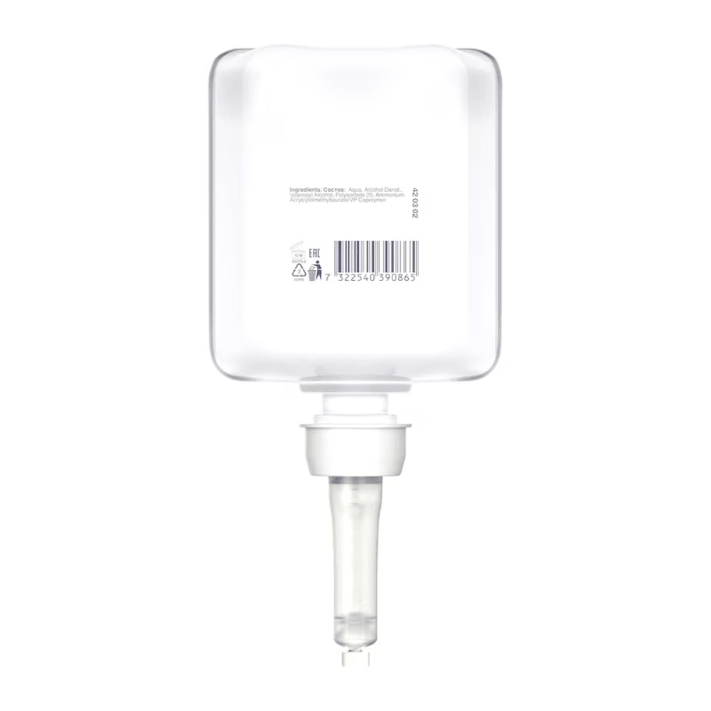 Le nettoyant pour sièges de toilettes Tork 420302 Premium de TORK - Essity Professional Hygiene Germany GmbH est équipé d'une bouteille transparente et rectangulaire avec une buse de pompe en bas pour garantir une hygiène optimale. Chaque bouteille contient un code-barres et une étiquette textuelle avec des ingrédients détaillés et des instructions d'utilisation, empêchant efficacement les contaminations croisées à chaque utilisation.