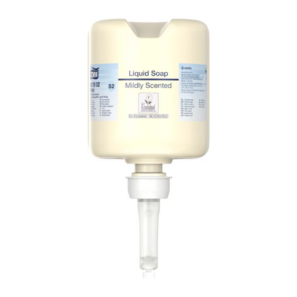 Un distributeur beige avec l'inscription « Tork 420502 Mini Savon Liquide, Parfum Doux » d'un volume de 475 ml dispose d'une pompe pratique. Ce produit de TORK - Essity Professional Hygiene Germany GmbH est conçu pour une excellente hygiène des mains et est doté de diverses marques et logos, y compris un « Ecolabel » qui promeut le soin de la peau respectueux de l'environnement.