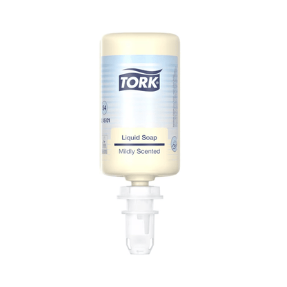 Un flacon transparent de savon liquide Tork 424501, au parfum doux et à la formule testée dermatologiquement, est placé à l'envers, la buse de dosage étant clairement visible en bas. Sur l'étiquette bleue et blanche, le nom de la marque « TORK » d'Essity Professional Hygiene Germany GmbH est clairement visible.