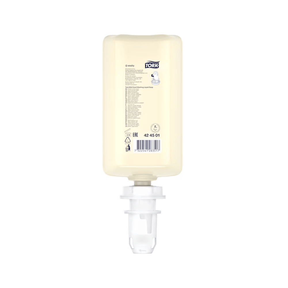 Le distributeur de savon liquide Tork 424501, au parfum doux, de la marque TORK – Essity Professional Hygiene Germany GmbH, est un distributeur rectangulaire en plastique transparent, muni d'une pompe blanche et d'une étiquette multilingue contenant les informations sur le produit. Le flacon de 1 000 ml, testé dermatologiquement, présente un design ingénieux à l'envers afin de faciliter le dosage.
