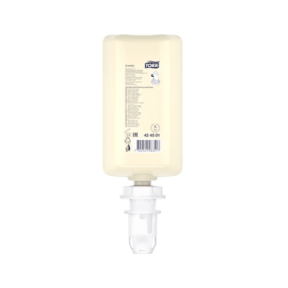 Le distributeur de savon liquide Tork 424501, au parfum doux, de la marque TORK – Essity Professional Hygiene Germany GmbH, est un distributeur rectangulaire en plastique transparent, muni d'une pompe blanche et d'une étiquette multilingue contenant les informations sur le produit. Le flacon de 1 000 ml, testé dermatologiquement, présente un design ingénieux à l'envers afin de faciliter le dosage.