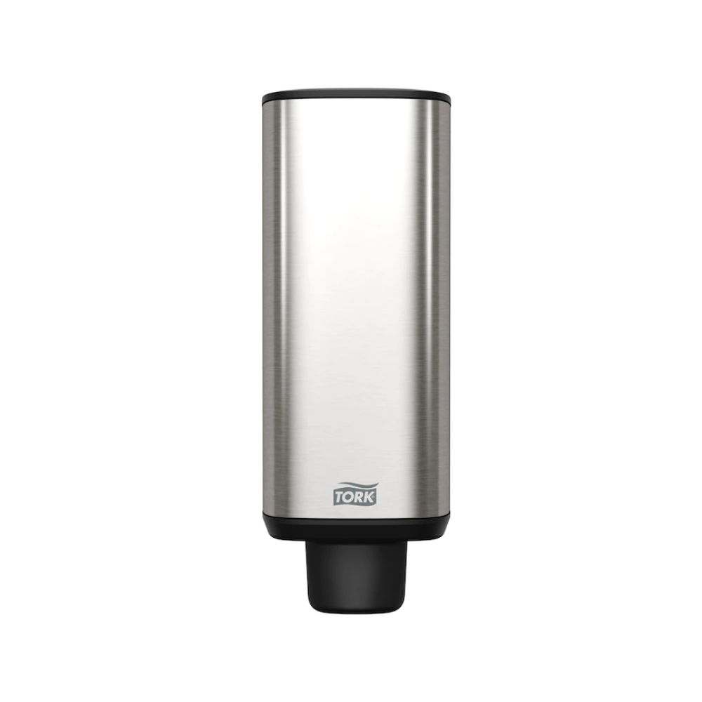 Le distributeur Tork 460010 Tork pour savon et désinfectant Image Line S4 est un distributeur de savon et de désinfectant en acier inoxydable conçu par Essity Professional Hygiene Germany GmbH. Son design élégant et moderne se caractérise par une base noire et un bouton de distribution facile à utiliser. Le logo "Tork" est imprimé en bas, ce qui le rend adapté aussi bien pour les espaces commerciaux que privés.