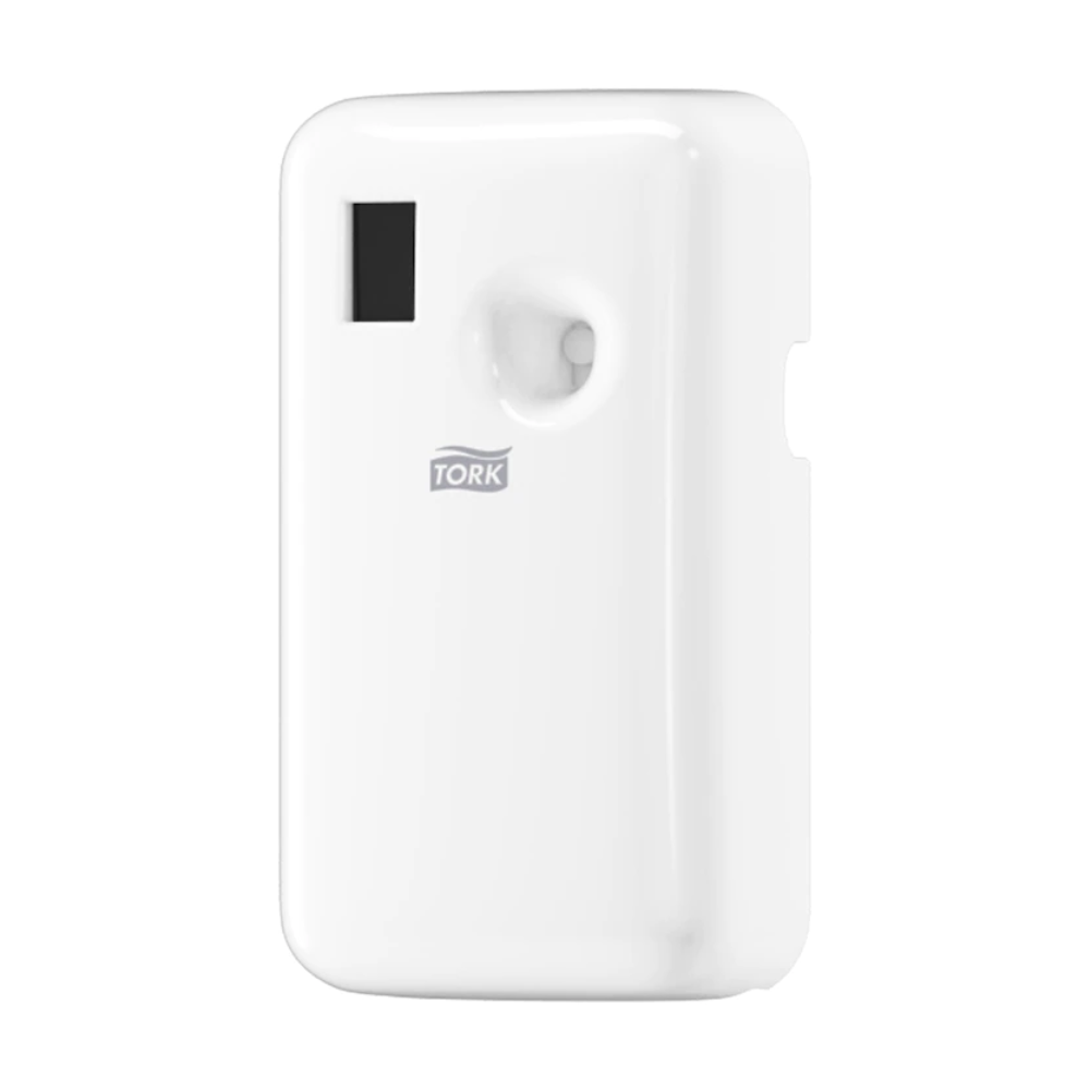 Le distributeur Tork 562000 pour sprays désodorisants A1 de TORK – Essity Professional Hygiene Germany GmbH est un distributeur blanc au design rectangulaire et élancé avec une zone d'affichage noire. Il est équipé d'un système d'aérosol avec une petite ouverture ronde pour la diffusion du parfum, complété par un contrôle électronique pour une performance optimale.