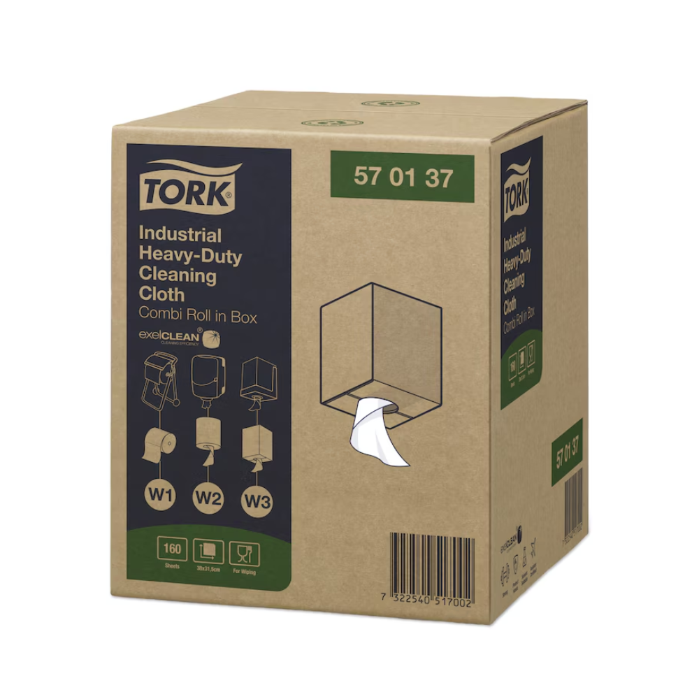 Un carton contenant des chiffons de nettoyage industriels extra résistants Tork 570137 W1 W2 W3 1 épaisseur, fabriqués par TORK – Essity Professional Hygiene Germany GmbH, est exposé. Le carton contient des détails sur le produit et des illustrations des méthodes de distribution de chiffons, avec un morceau de chiffon de nettoyage sortant d'une fente – idéal pour les tâches de dégraissage.