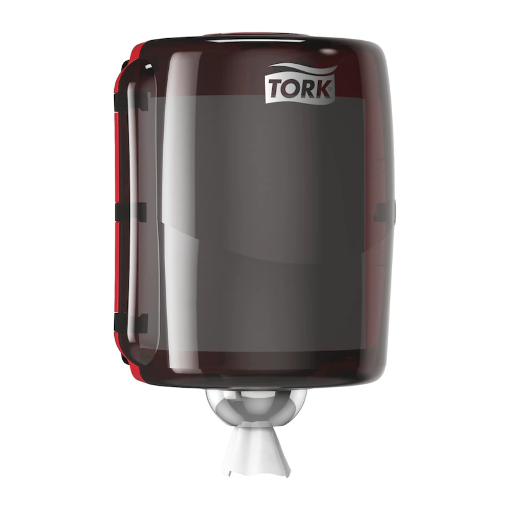 Le distributeur Tork 653008 Maxi à déroulement intérieur Performance W2, un produit de TORK - Essity Professional Hygiene Germany GmbH, est un distributeur de serviettes en papier noir avec une surface brillante. Il dispose d'un design performant et a une serviette en papier visible dépassant de la partie inférieure, le tout protégé par un couvercle résistant aux éclaboussures.