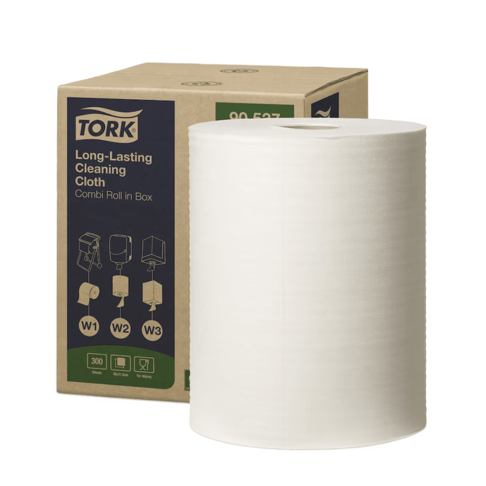 Un grand rouleau de Tork 90537 Chiffons de nettoyage durables Premium W1 W2 W3 est placé à l'avant de la boîte d'emballage. Il présente des illustrations et des textes soulignant la capacité d'absorption du chiffon et sa compatibilité avec différents distributeurs.