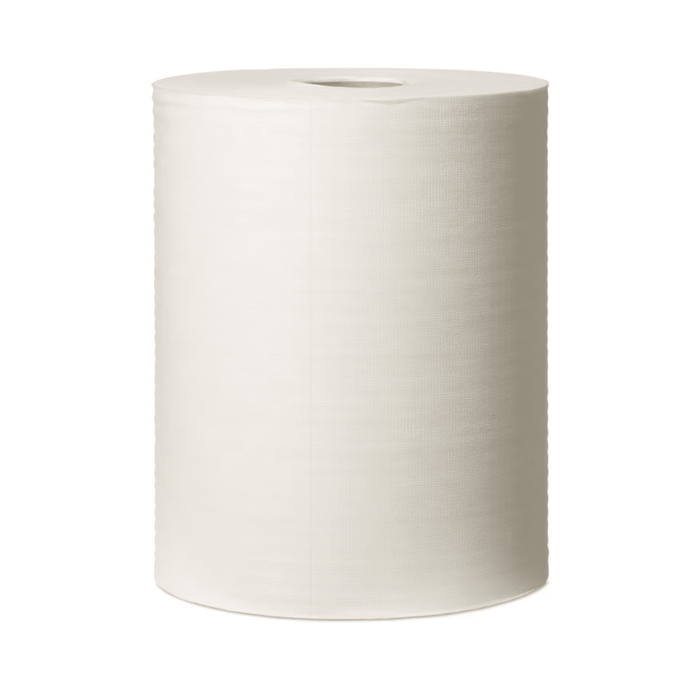 Un grand rouleau vertical de chiffons de nettoyage durables Premium Tork 90537 est centré sur un fond blanc simple. Le chiffon de TORK – Essity Professional Hygiene Germany GmbH est peu pelucheux avec une texture lisse et l'extrémité du rouleau est coupée uniformément.