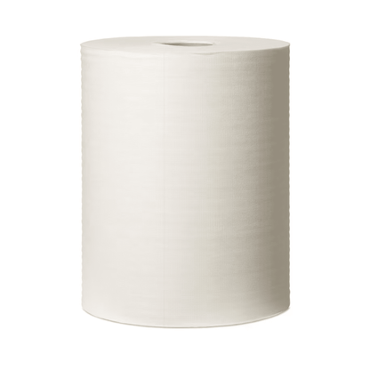 Un grand rouleau vertical de chiffons de nettoyage durables Premium Tork 90537 est centré sur un fond blanc simple. Le chiffon de TORK – Essity Professional Hygiene Germany GmbH est peu pelucheux avec une texture lisse et l'extrémité du rouleau est coupée uniformément.