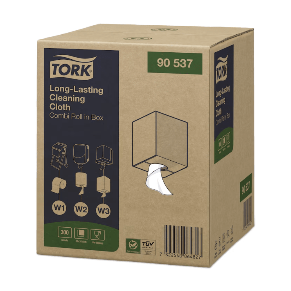 Une boîte de chiffons de nettoyage durables Premium Tork 90537 W1 W2 W3 de TORK – Essity Professional Hygiene Germany GmbH, avec des détails sur le produit et des instructions d'utilisation. L'ouverture du distributeur offre une vue sur un chiffon de nettoyage blanc et sans peluche, sur lequel le numéro de modèle 90537 est clairement visible sur le dessus et le côté.