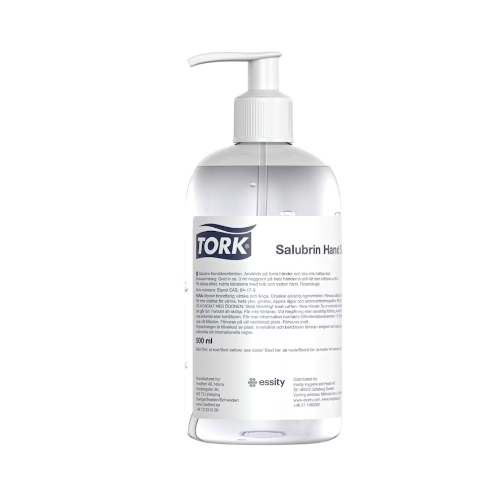 Le gel désinfectant pour les mains Tork 911103 Salubrin Premium, disponible en carton de huit bouteilles, est une bouteille pompe en plastique transparent contenant 350 ml de gel désinfectant pour les mains avec 70% d'alcool pour une application efficace. Avec son étiquetage multilingue et son bouchon et pompe blancs, ce produit est distribué par Essity Professional Hygiene Germany GmbH sous la marque TORK. Il est conçu pour combattre efficacement les virus enveloppés.