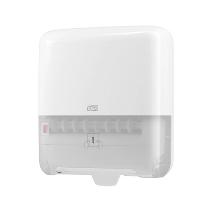 Nous présentons le distributeur Tork Matic® 551000 pour essuie-mains en rouleau Elevation H1 de TORK, Essity Professional Hygiene Germany GmbH. Ce distributeur mural pour serviettes en papier blanc dispose d'une section inférieure transparente pour une surveillance facile du niveau de remplissage. Il est équipé d'un mécanisme d'alimentation en papier et d'un symbole de main qui aide les utilisateurs à retirer des feuilles individuelles des essuie-mains en rouleau.