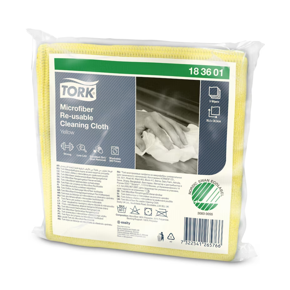 Sur l'emballage des chiffons de nettoyage réutilisables en microfibre jaune de Tork, on trouve des détails sur le produit tels que les dimensions et les symboles d'entretien, ainsi qu'une image montrant le chiffon en utilisation. En bas, un certificat environnemental est apposé, soulignant l'engagement de TORK – Essity Professional Hygiene Germany GmbH pour la durabilité et la qualité.