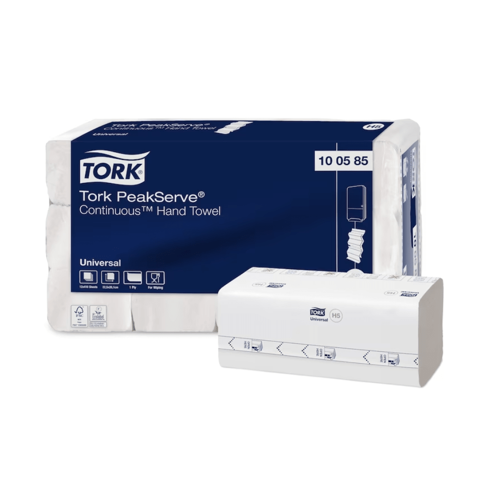Les serviettes à main Tork PeakServe® 100585 Endless™ d'Essity Professional Hygiene Germany GmbH se distinguent par un design d'emballage principalement blanc avec des accents et du texte bleus. Ces serviettes universelles à une seule couche sont connues pour leur douceur et leur capacité d'absorption, ce qui en fait des serviettes compressées idéales pour les environnements à forte fréquentation. Le produit est disponible dans un carton contenant 12 paquets.