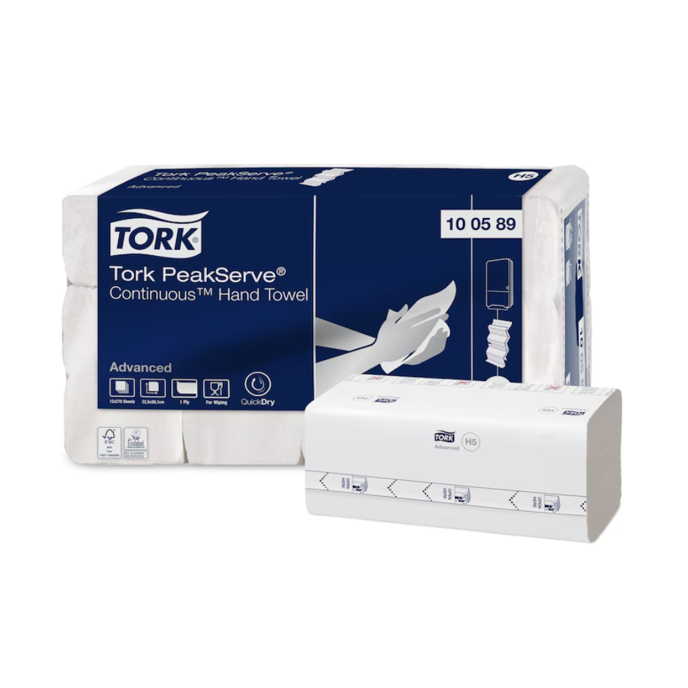 Sur l'emballage des serviettes à main Tork PeakServe® 100589 Endlos™ Advanced H5 1 pli, le nom du produit et le logo sont clairement visibles, accompagnés d'une illustration de la distribution individuelle des serviettes. Les symboles environnants mettent en avant des caractéristiques telles qu'une grande capacité et une distribution rapide. Le numéro d'emballage 100589 est clairement visible.