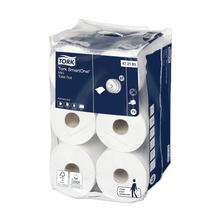 L'emballage pour Tork SmartOne® 472193 Mini Papier Toilette Advanced T9 2-plis, fabriqué par TORK – Essity Professional Hygiene Germany GmbH, présente douze rouleaux. Le design bleu et blanc met en avant la distribution hygiénique feuille à feuille, qui vise à réduire la consommation de papier toilette, et affiche clairement les informations sur le produit et les images des rouleaux.
