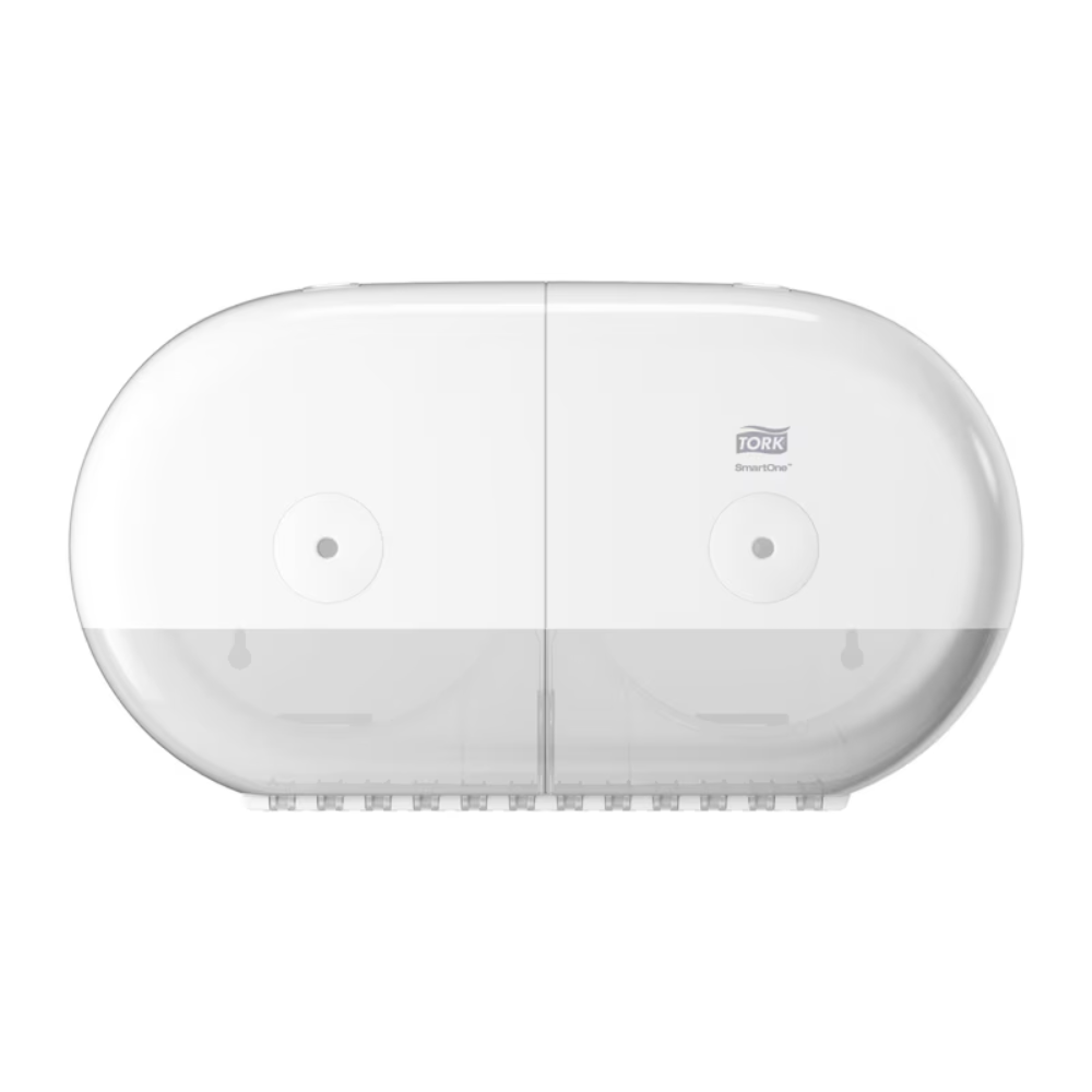 Le distributeur double rouleaux Tork SmartOne® 682000 Mini pour papier toilette T9 d'Essity Professional Hygiene Germany GmbH est un distributeur de papier toilette double blanc avec une partie inférieure transparente, qui accueille intelligemment deux rouleaux. Son design élégant et arrondi en fait un excellent choix pour les toilettes commerciales ou publiques, offrant à la fois fonctionnalité et élégance.