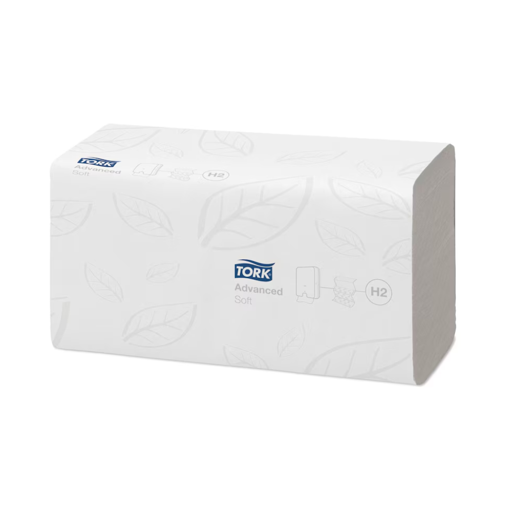 Les serviettes pliées douces Tork Xpress® 120398 Advanced H2 à 2 plis, mesurant 25,6 cm et emballées dans une boîte de 21 paquets, portent le logo TORK et la désignation « H2 ». L'emballage avec un motif discret de feuilles met en valeur ces serviettes pliées en fibres recyclées d'Essity Professional Hygiene Germany GmbH et offre à la fois durabilité et style.