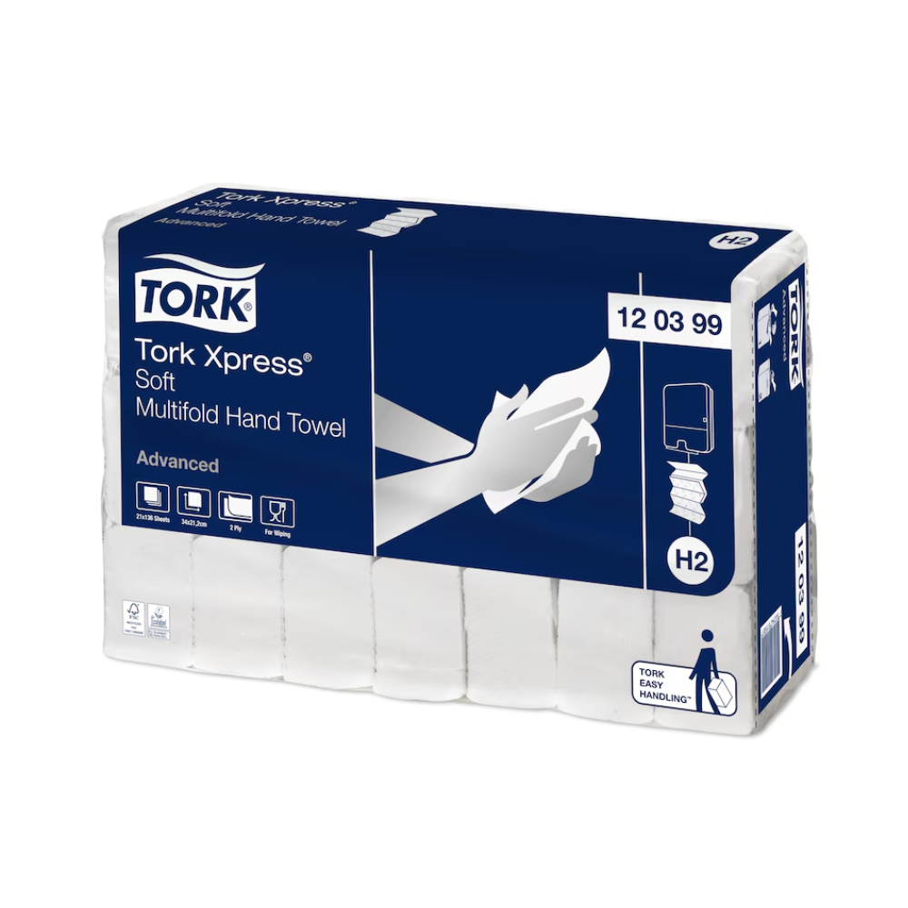 Paquet avec Tork Xpress® 120399 Serviette pliée douce, mis en valeur dans un emballage bleu et blanc avec une illustration de mains et un distributeur de serviettes. Il porte la désignation « Advanced H2 » et contient 21 paquets en fibres recyclées.