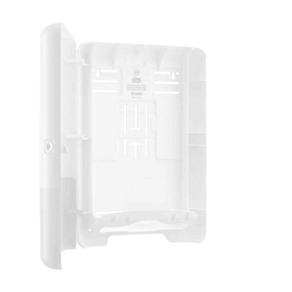 Le distributeur Tork Xpress® 552000 pour serviettes pliées en H2 d'Essity Professional Hygiene Germany GmbH est un boîtier en plastique blanc, ouvert et rectangulaire, avec une porte rabattable et plusieurs fentes de montage à l'intérieur, spécialement conçu pour les produits Tork Xpress. Il dispose d'un trou de serrure sur le côté gauche pour la sécurité et possède à l'intérieur plusieurs petits supports pour une organisation efficace des câbles ou des composants.