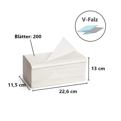 Les essuie-mains en zigzag extra-doux Tork 100278 Premium H3 à deux couches de TORK – Essity Professional Hygiene Germany GmbH sont livrés en paquet de 200 feuilles et sont indispensables au respect des règles d'hygiène. Elles présentent les dimensions exactes suivantes : 22,6 cm de longueur, 11,5 cm de largeur et 13 cm de hauteur, avec une illustration du motif en pli en V Premium H3 dans le coin supérieur droit.