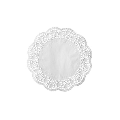 Le PAPSTAR 100 napperons ronds, blancs de PAPSTAR GmbH est un napperon en papier certifié FSC avec un centre solide et un bord décoratif sur fond blanc.