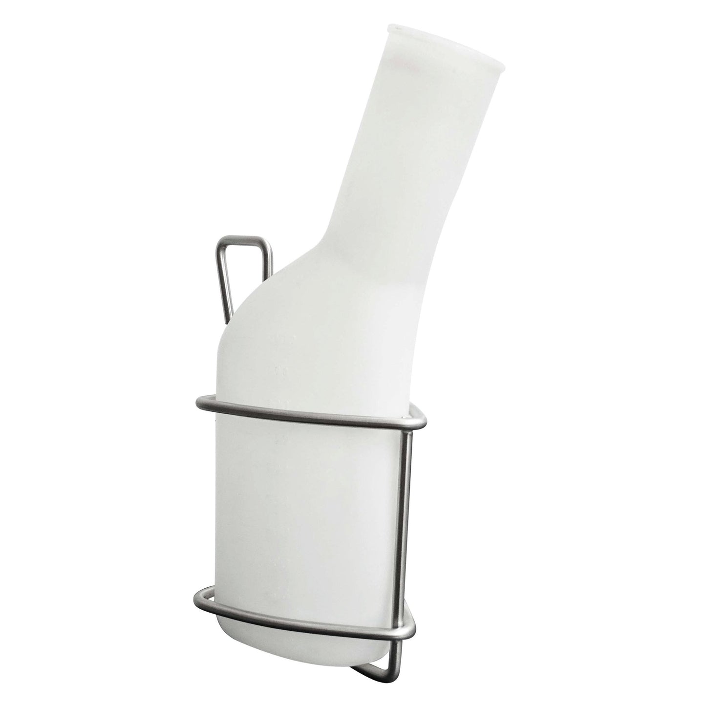 Un urinoir pour homme en plastique blanc avec un long col incliné et des graduations s'adapte au support pour bouteilles d'urine en acier inoxydable Novocal, qui est fixé au lit du patient ; poignée à l'arrière pour une manipulation facile. Emballage : 1 pièce.