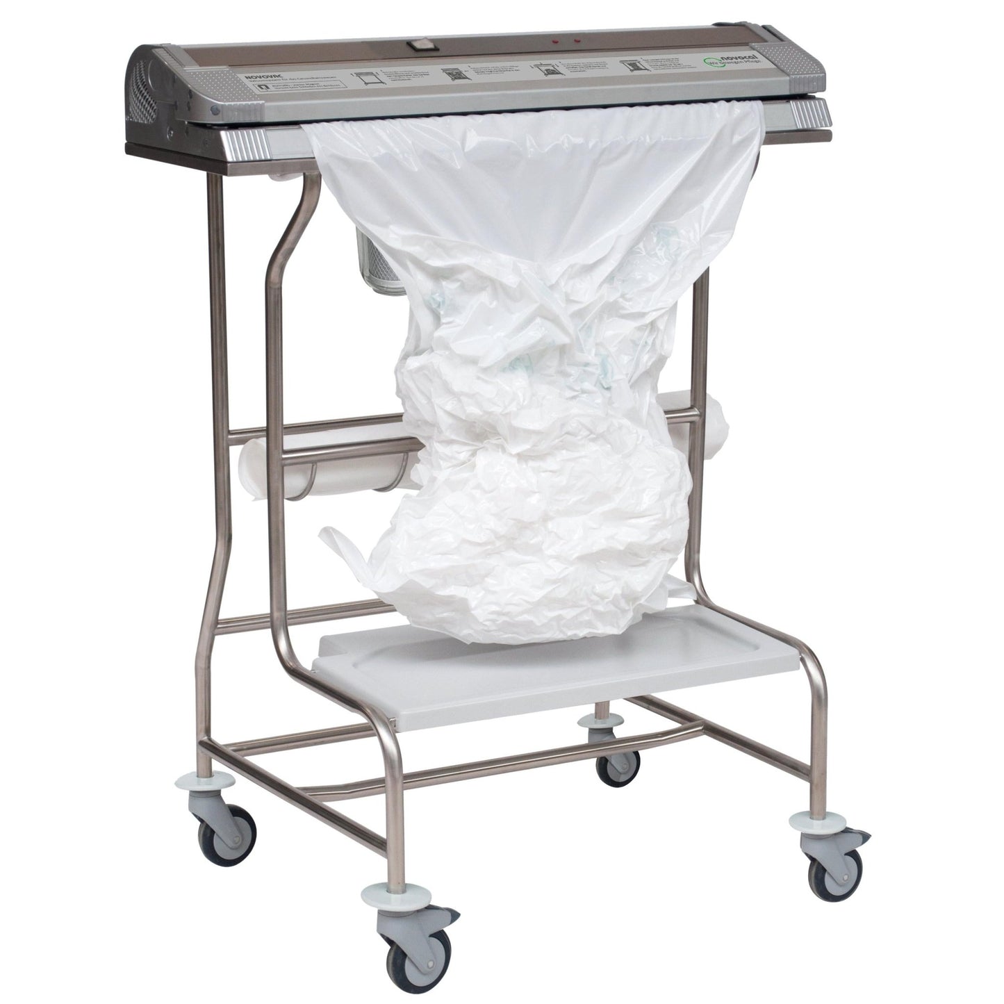 Un chariot d'élimination médicale en métal sur roues contient un grand sac sous vide transparent Novocal pour Novovac01 (620 x 1000 mm) et dispose d'un panneau de commande sur le dessus ainsi qu'une étagère inférieure pour des sacs supplémentaires. Marque : Novocal.