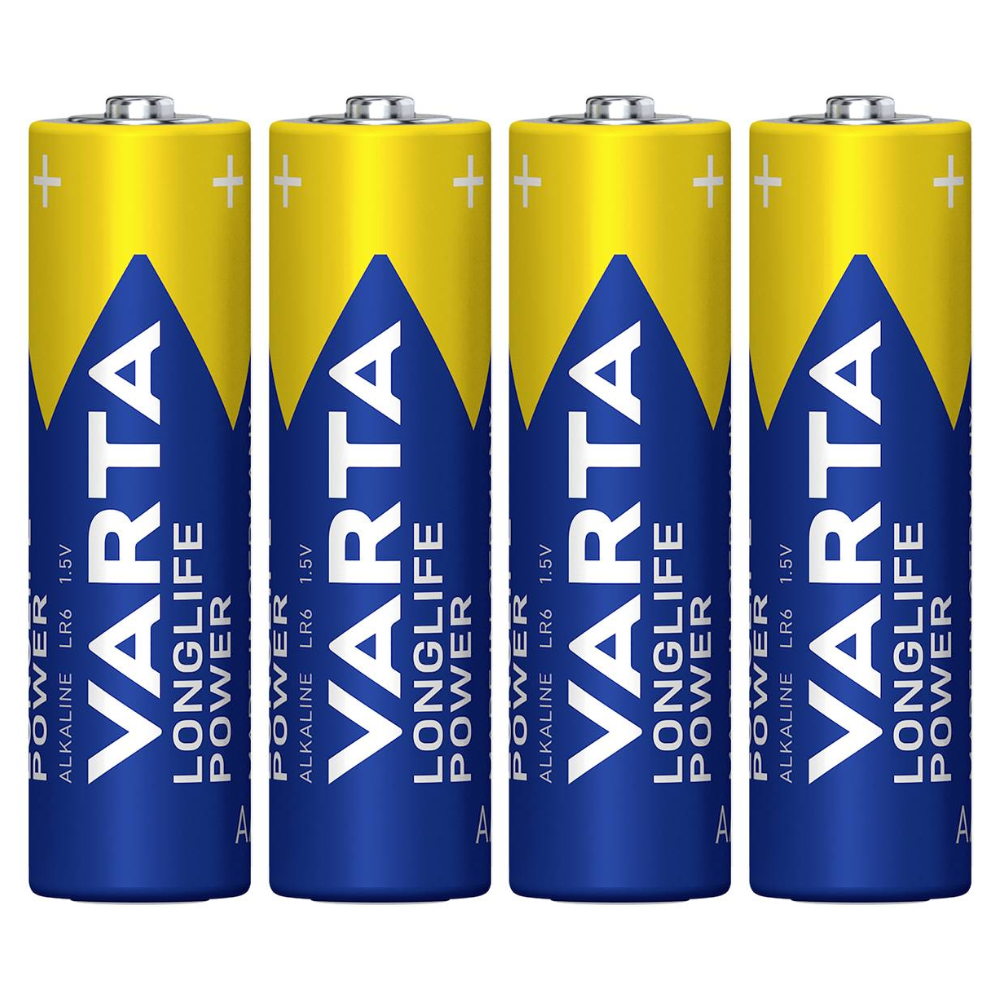 Quatre piles AA Varta AG Industrial Pro Mignon alignées verticalement avec des étiquettes de marque bleues et jaunes.