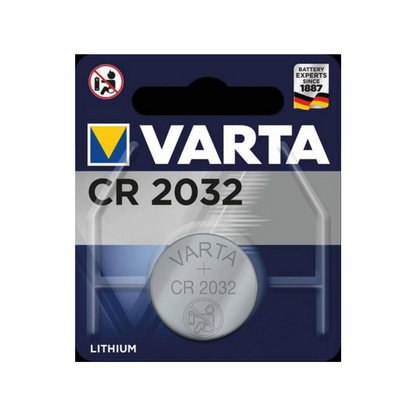 Emballage pour une pile bouton au lithium Varta AG CR2032 3V, sur lequel le logo de la marque et le modèle de la batterie sont bien visibles ainsi que le logo No-Baby dans le coin supérieur gauche.