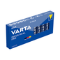 Une boîte rectangulaire bleue avec l'inscription "Varta Industrial Pro Micro Batterie 4003 LR03 AAA, 10 pièces" de Varta AG, fabriquée en Allemagne, a une fenêtre où quatre des piles pour usage professionnel sont visibles.