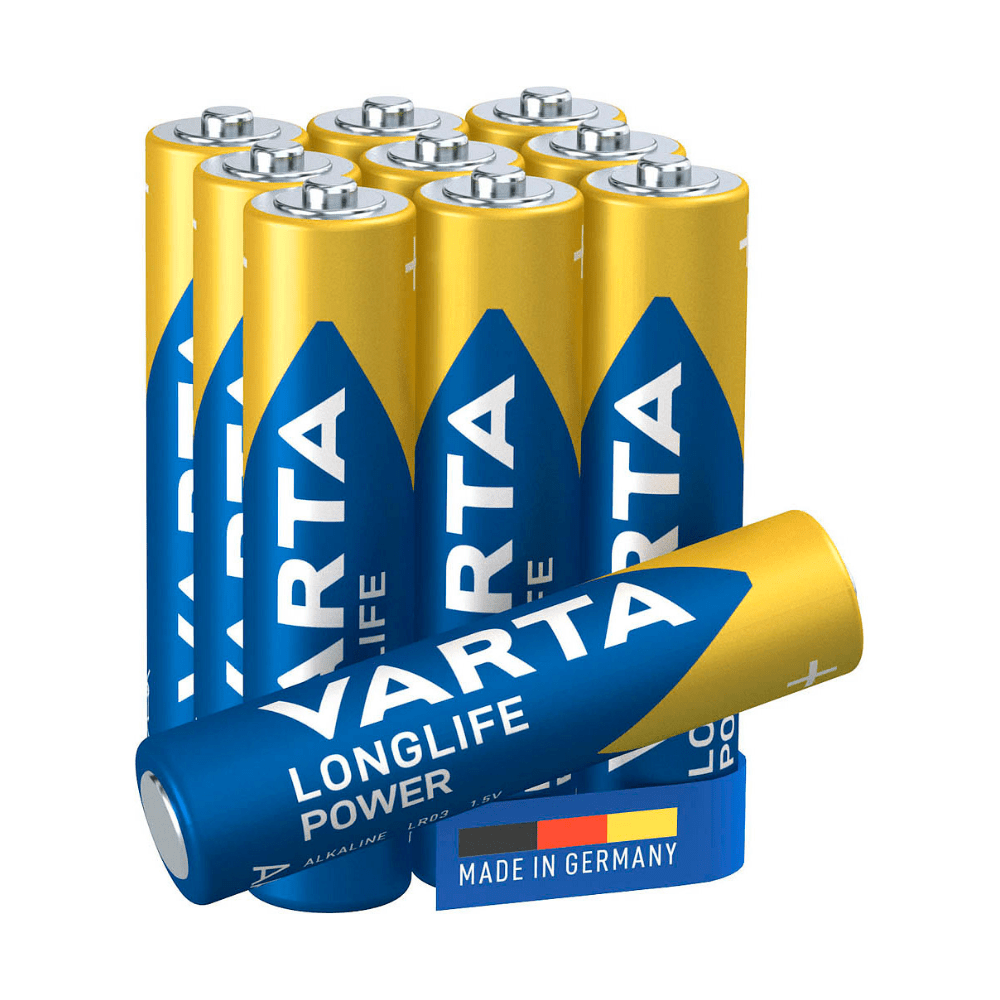 Un paquet de dix piles du type Varta AG Industrial Pro Micro AAA (4003 LR03) est exposé debout, avec une pile couchée horizontalement devant. Ces piles "produit en fin de série" portent la mention "Made in Germany" et proviennent de Varta AG.