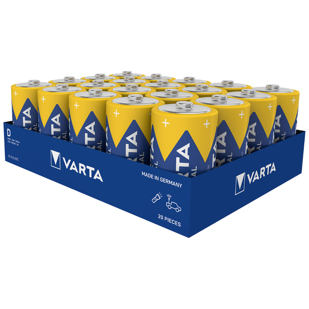 Une boîte de 20 piles Varta AG Industrial Pro Mono D 4020 LR20, chacune avec un design jaune et bleu portant le nom de la marque et le texte « Made in Germany », présentée dans une boîte ouverte bleue.