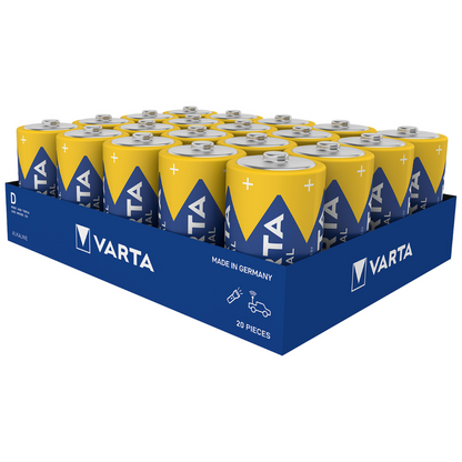 Une boîte de 20 piles Varta AG Industrial Pro Mono D 4020 LR20, chacune avec un design jaune et bleu portant le nom de la marque et le texte « Made in Germany », présentée dans une boîte ouverte bleue.