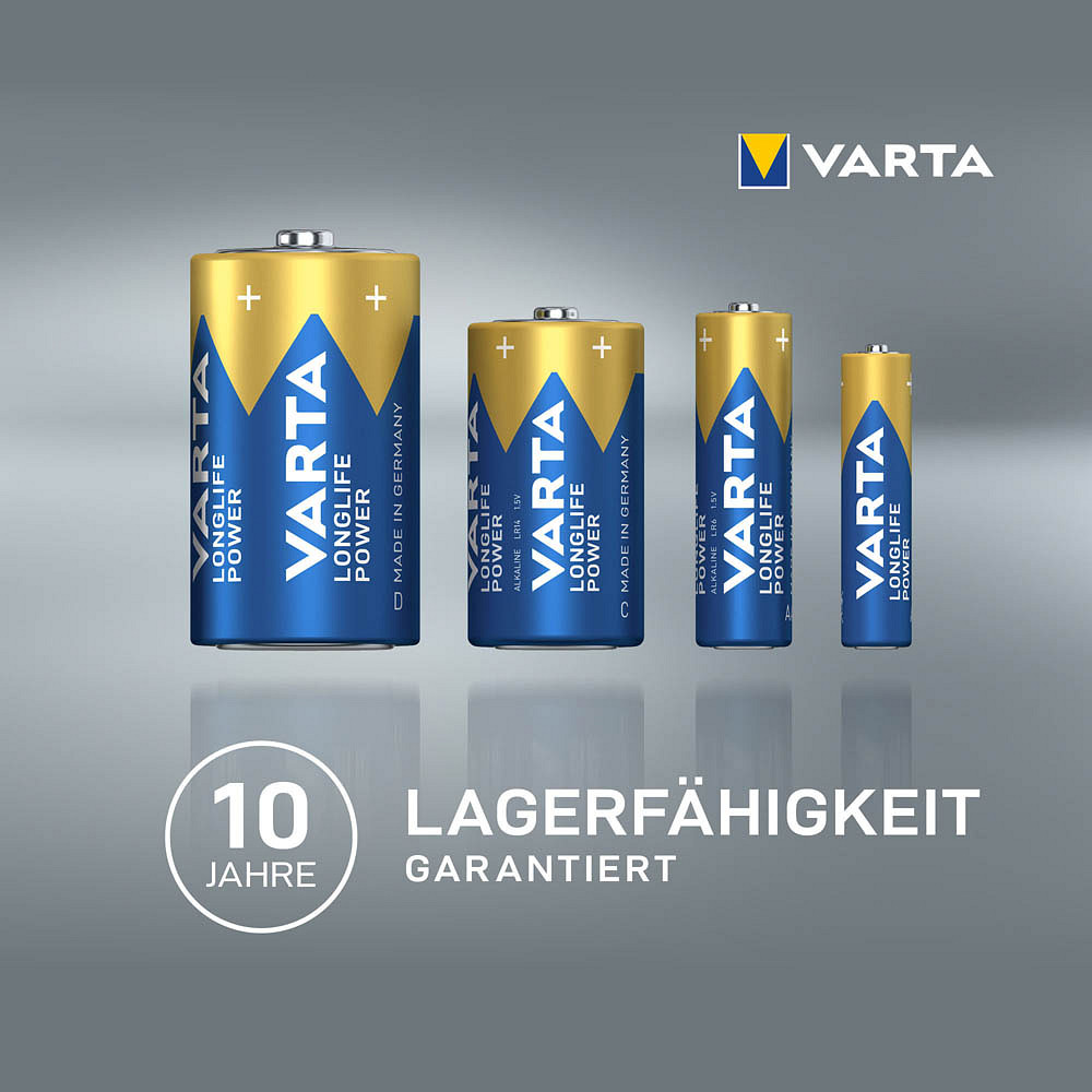 Quatre piles Varta Industrial Pro Mono D de taille décroissante sont alignées sur un fond gris, avec le texte « Durée de stockage garantie de 10 ans ».