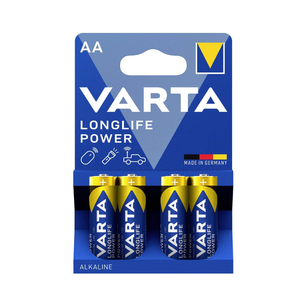 Un pack de 4 piles Varta Longlife Power 4906 AA LR6 de Varta AG dans un emballage en film bleu et jaune - "Fabriqué en Allemagne" - avec des symboles pour les télécommandes, les voitures et les jouets ; parfait pour les appareils à haute consommation d'énergie.