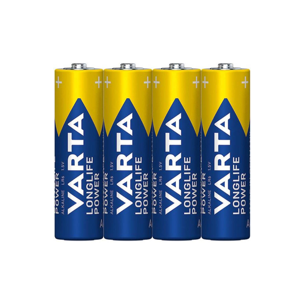 Quatre piles Varta Longlife Power 4906 AA (LR6, 4 pièces en film) se tiennent debout côte à côte. Les étiquettes bleues et jaunes de la marque Varta AG montrent leur adéquation pour les appareils à forte consommation d'énergie.