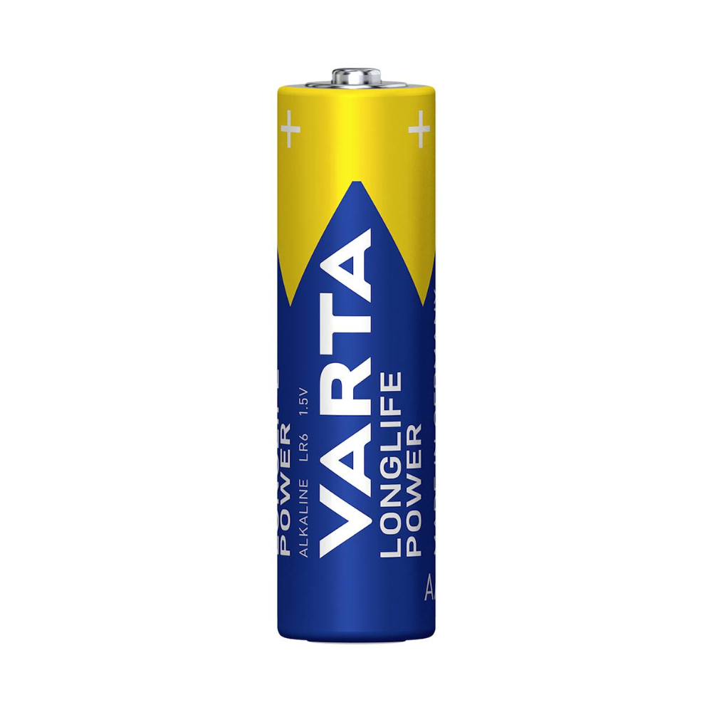 Un paquet de 4 piles Varta Longlife Power 4906 AA de Varta AG, au design bleu et jaune, est posé sur un fond blanc. Parfait pour les appareils à forte consommation d'énergie, l'emballage montre la marque et les détails du produit.