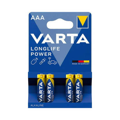 Emballage de la pile Varta Longlife Power Micro AAA 4903 LR03 piles alcalines de Varta AG avec quatre piles empilées horizontalement, marquées comme Made in Germany. L'emballage est bleu et blanc avec des lettres en gras.
